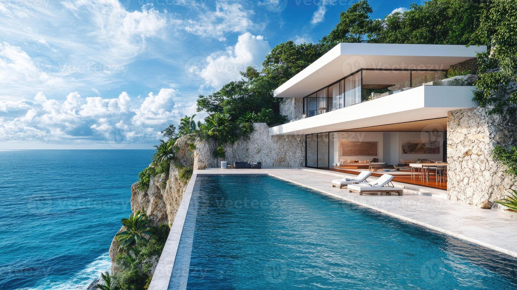 Modern luxury cliffside villa overlooking tranquil ocean with infinity pool photo