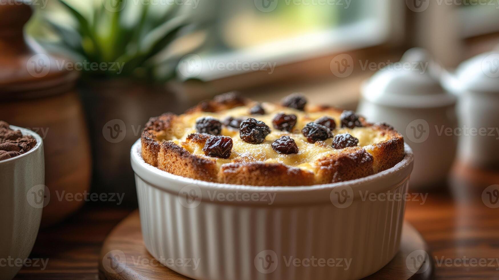 Delicious bread pudding with raisins and icing sugar in a white ramekin photo