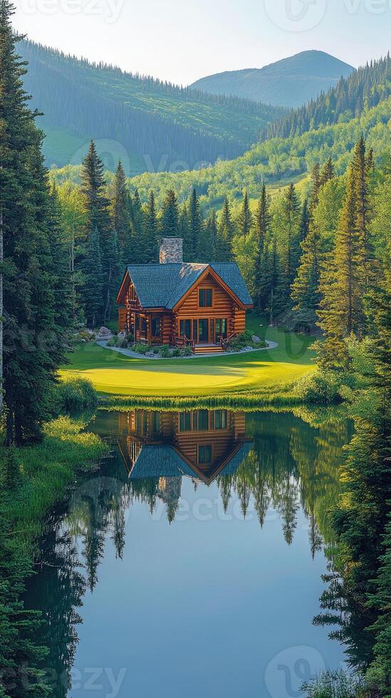 Luxurious log cabin reflecting in a serene mountain lake surrounded by forest photo