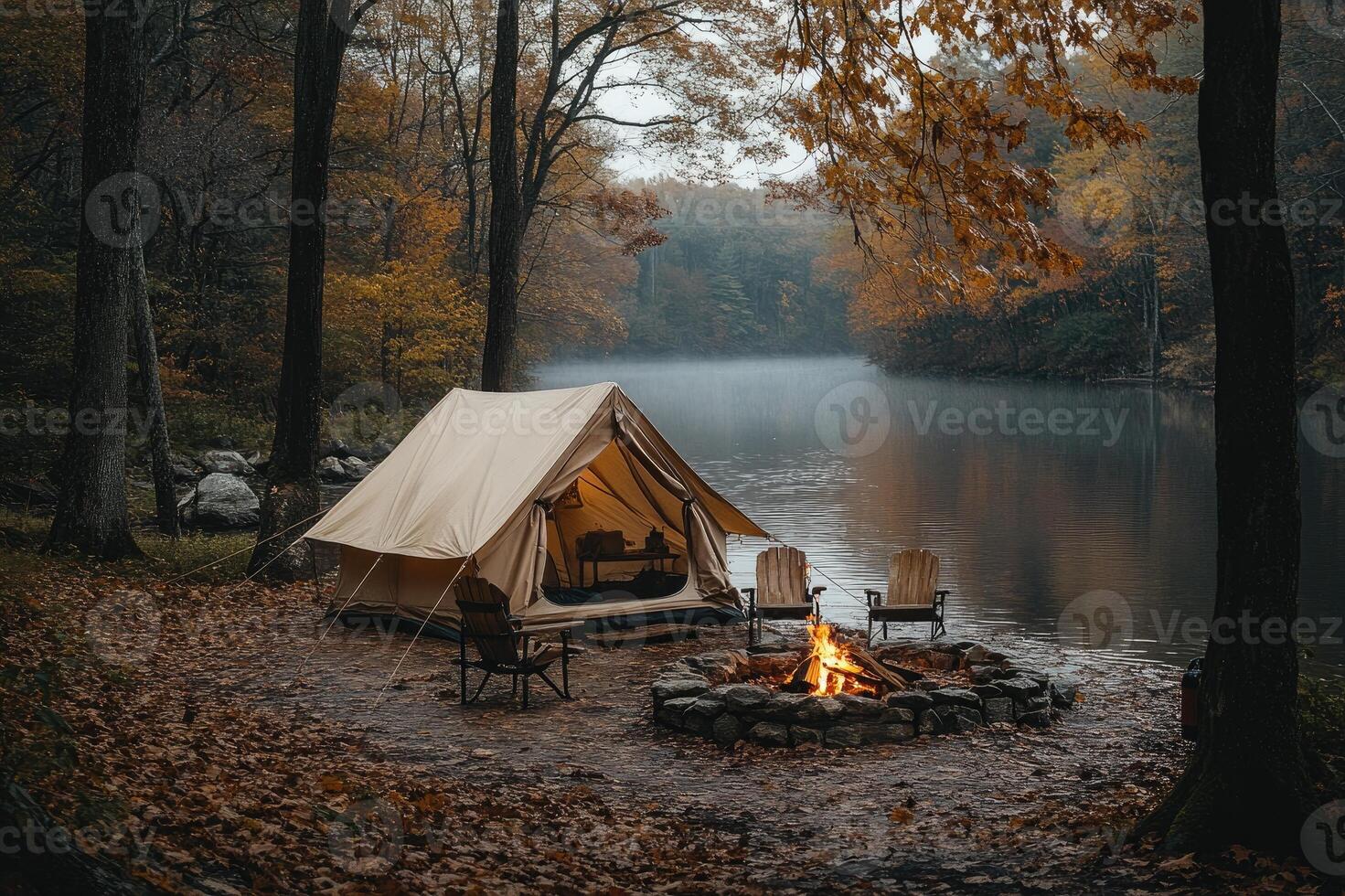 Illuminated tent camping by misty river in autumn forest photo