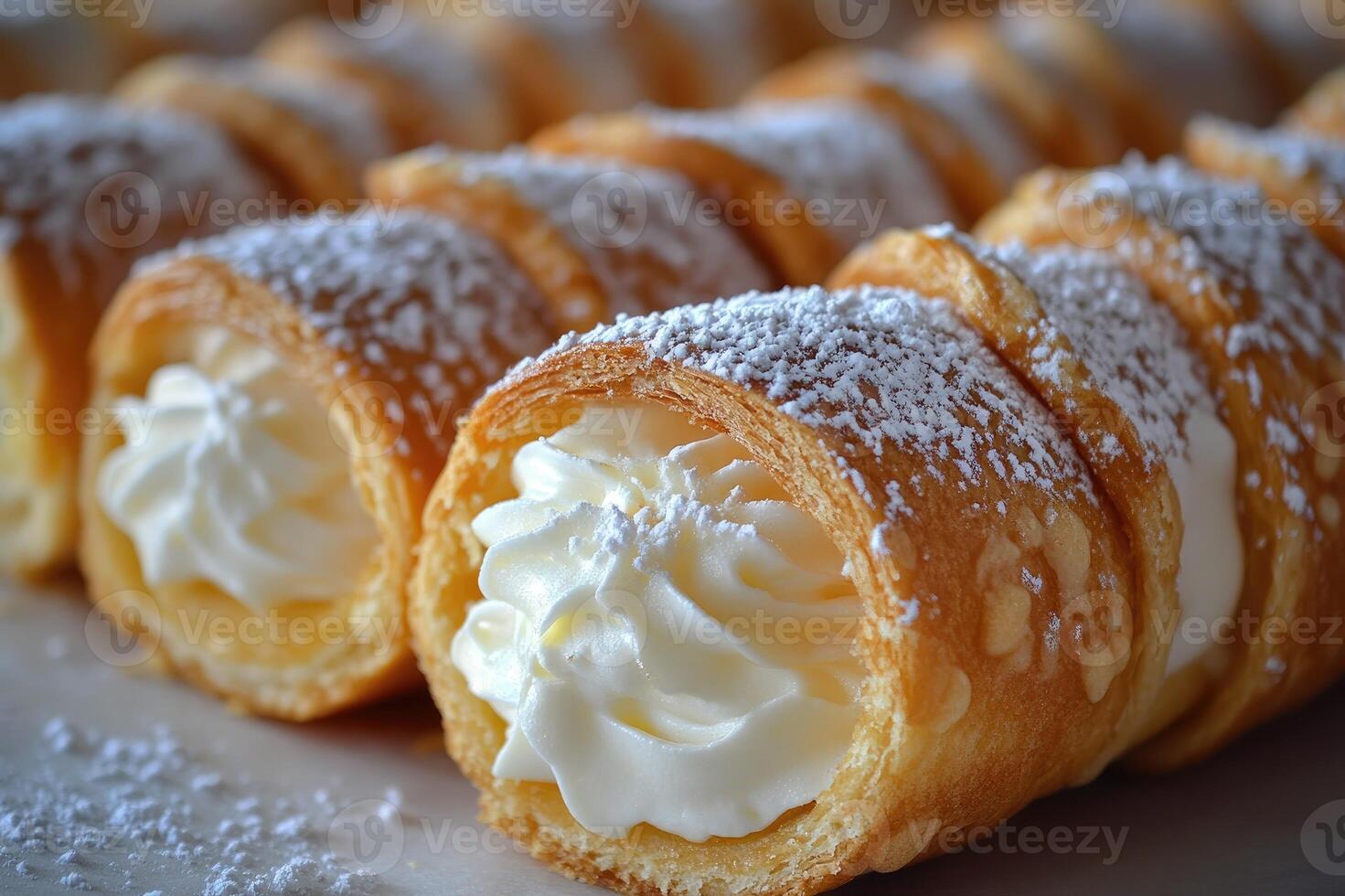 Delicious puff pastry dessert with meringue topping being dusted with powdered sugar photo