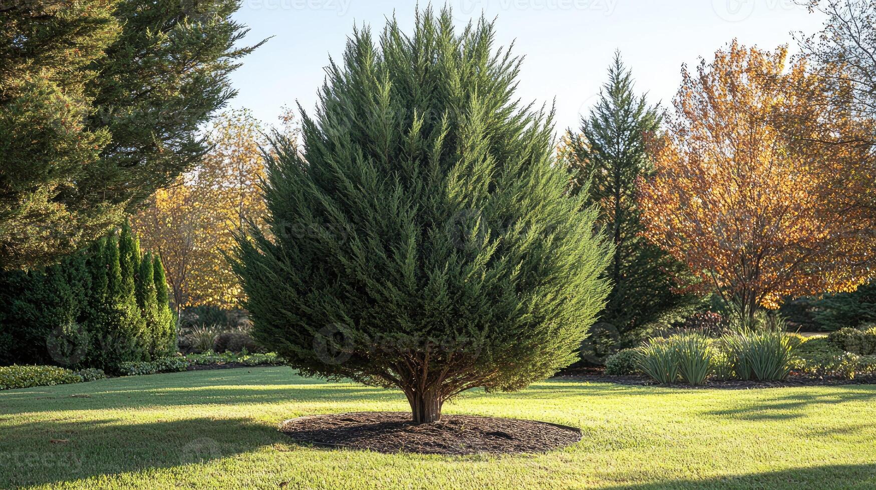 Single pine tree standing on grass in a garden setting at sunset photo