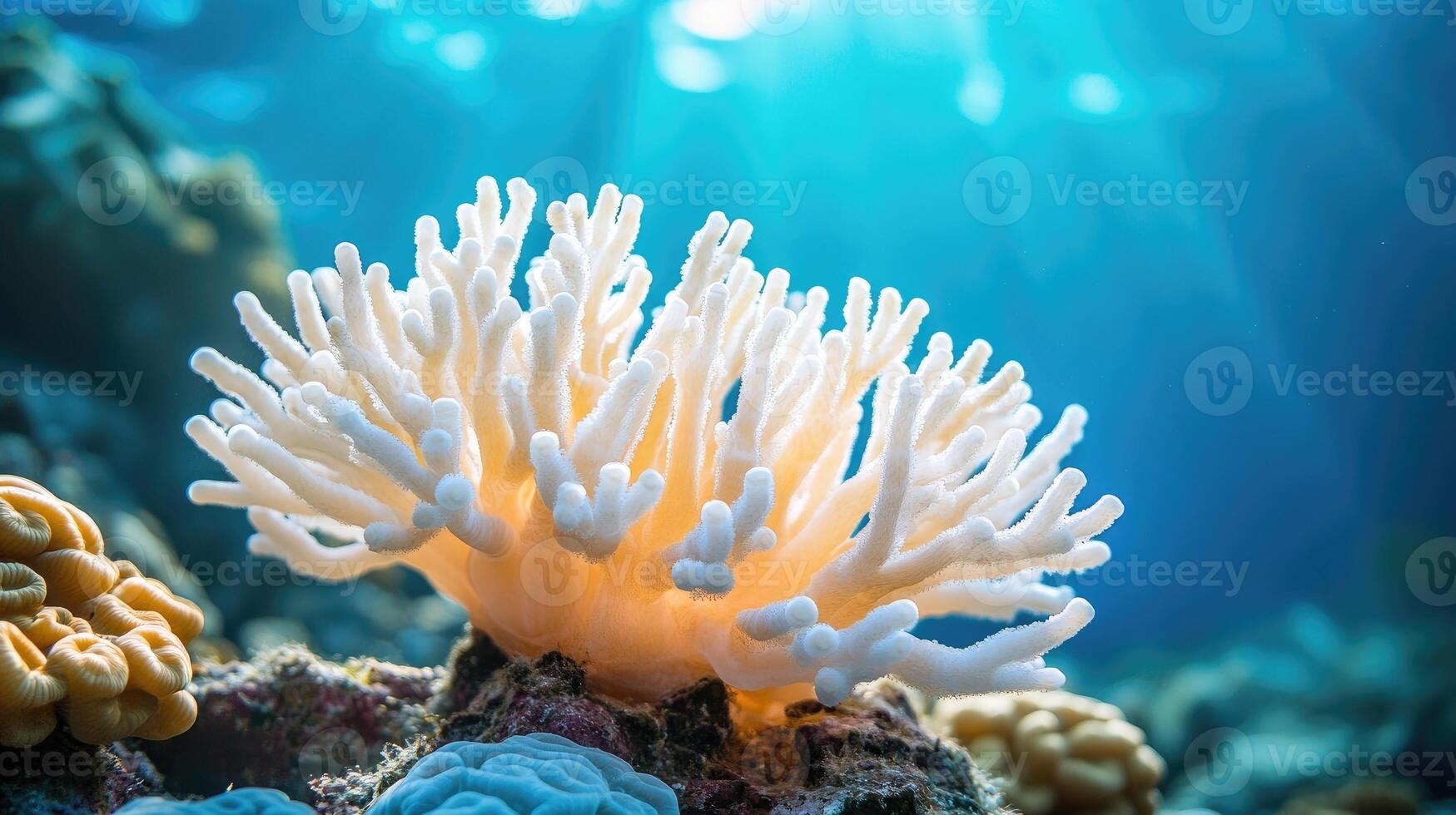 White coral reef bathed in sunlight on ocean floor photo