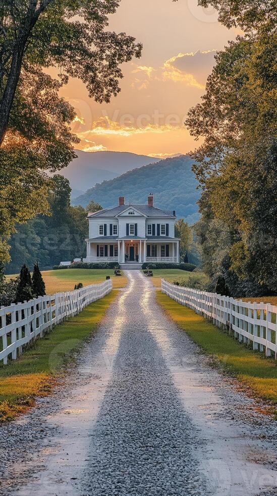 Gravel driveway leading to classic white southern style home at sunset photo