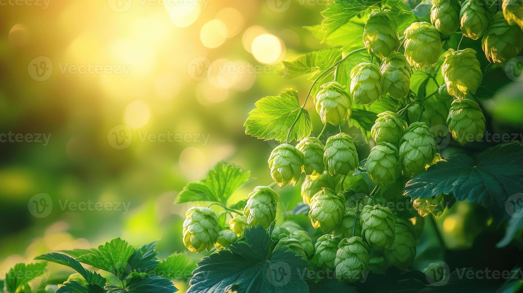 Common hop growing in a field at sunset illuminating the cones photo
