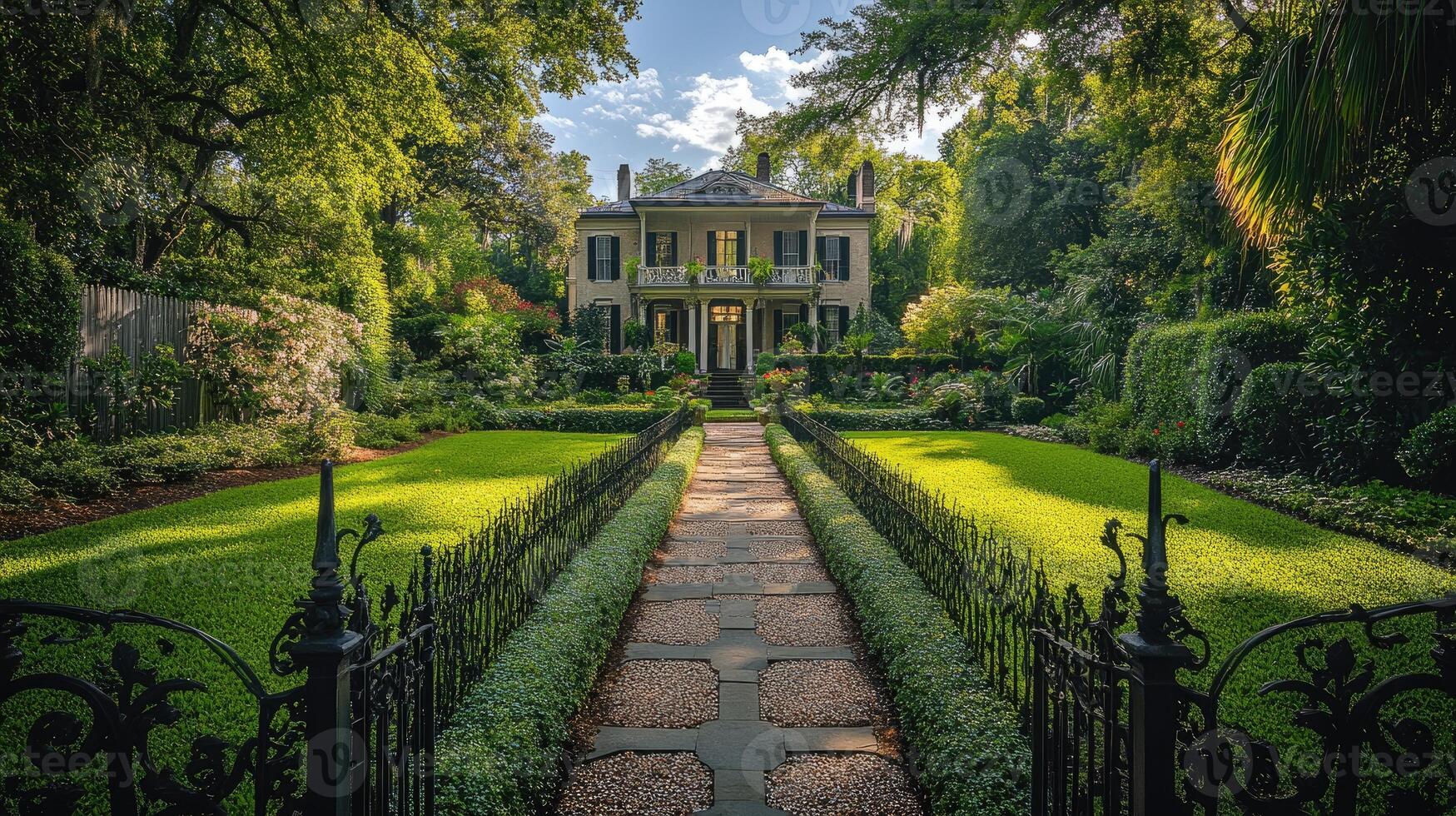 Beautiful southern style mansion with ornate ironwork at sunset photo