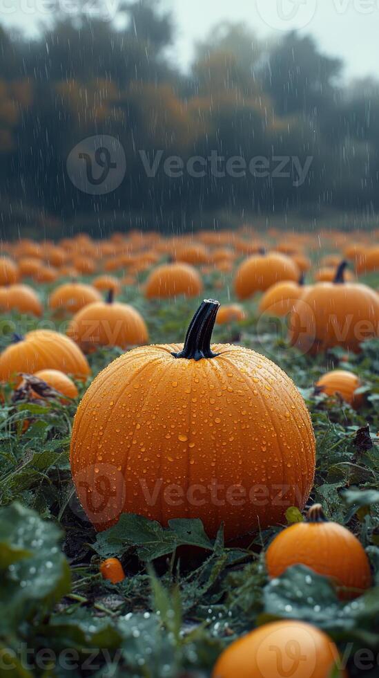 Ripe pumpkins getting wet in a pumpkin patch during a rainy autumn day photo