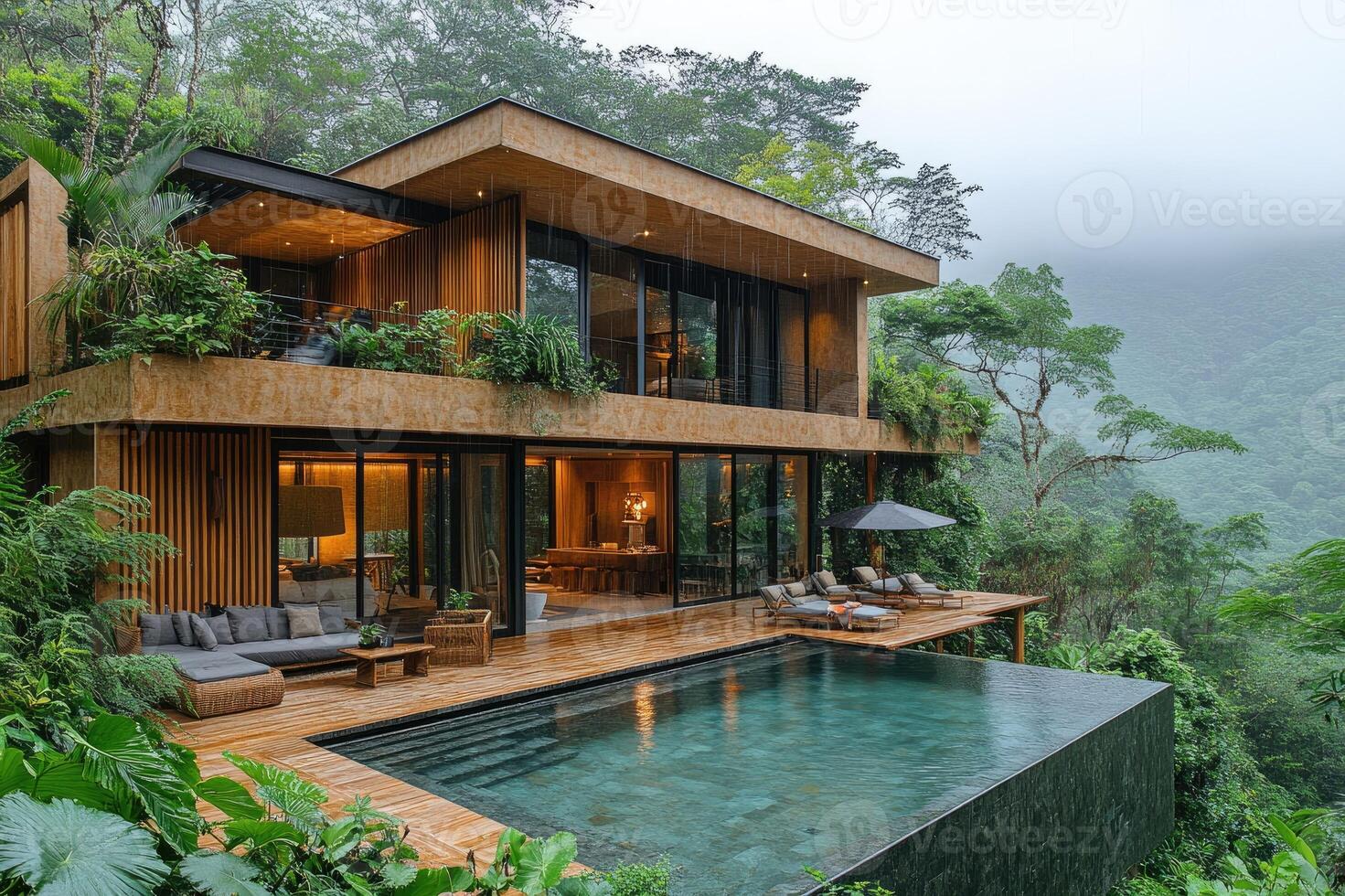 Modern wooden house with infinity pool overlooking tropical forest during rain shower photo