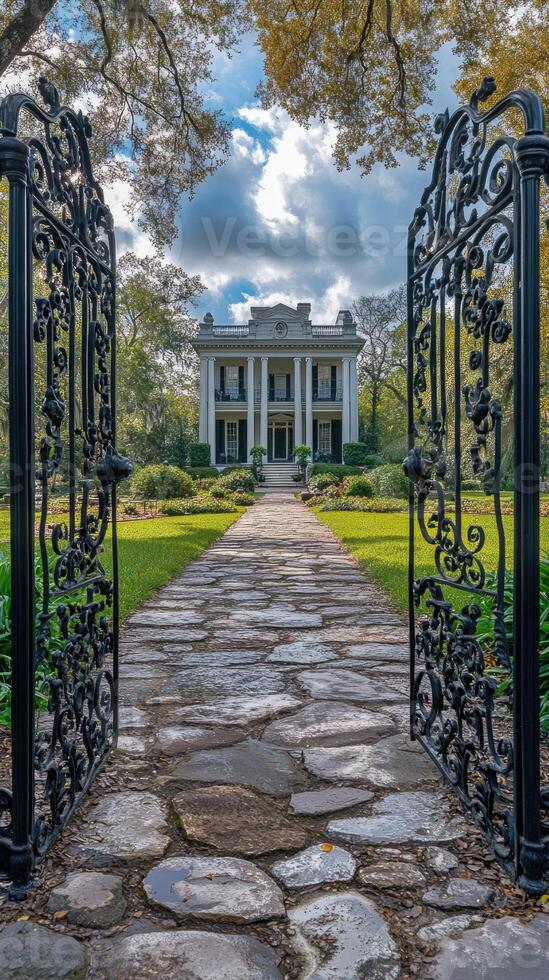 Ornate iron gate opening to brick pathway leading to beautiful old house photo