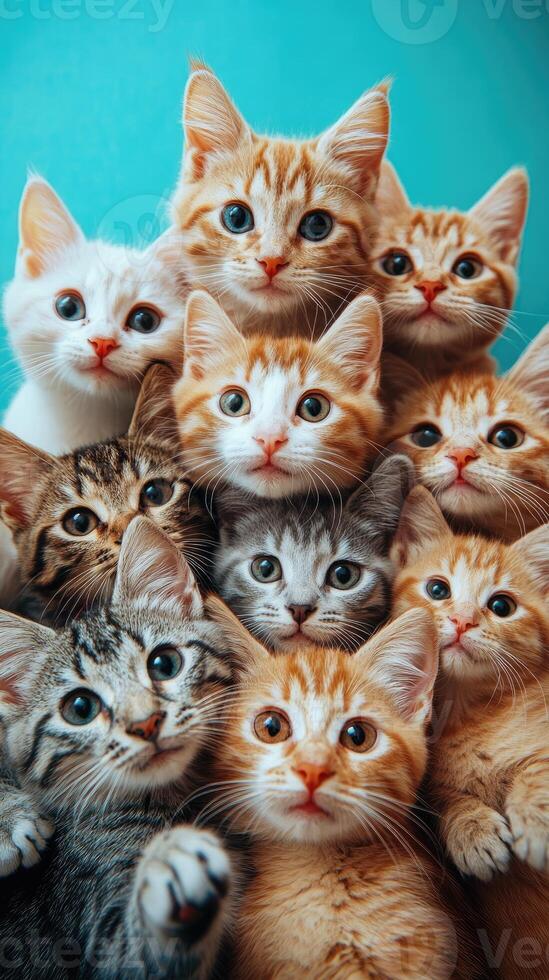 Many curious cats posing on turquoise sofa photo