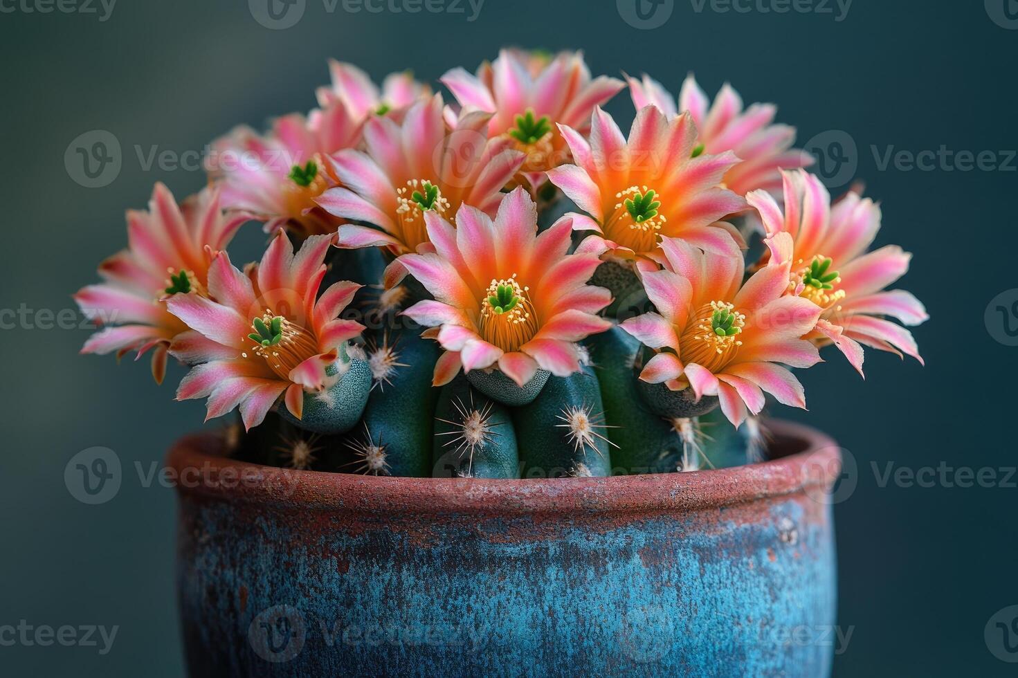 Cactus plant with many vibrant pink flowers blooming photo