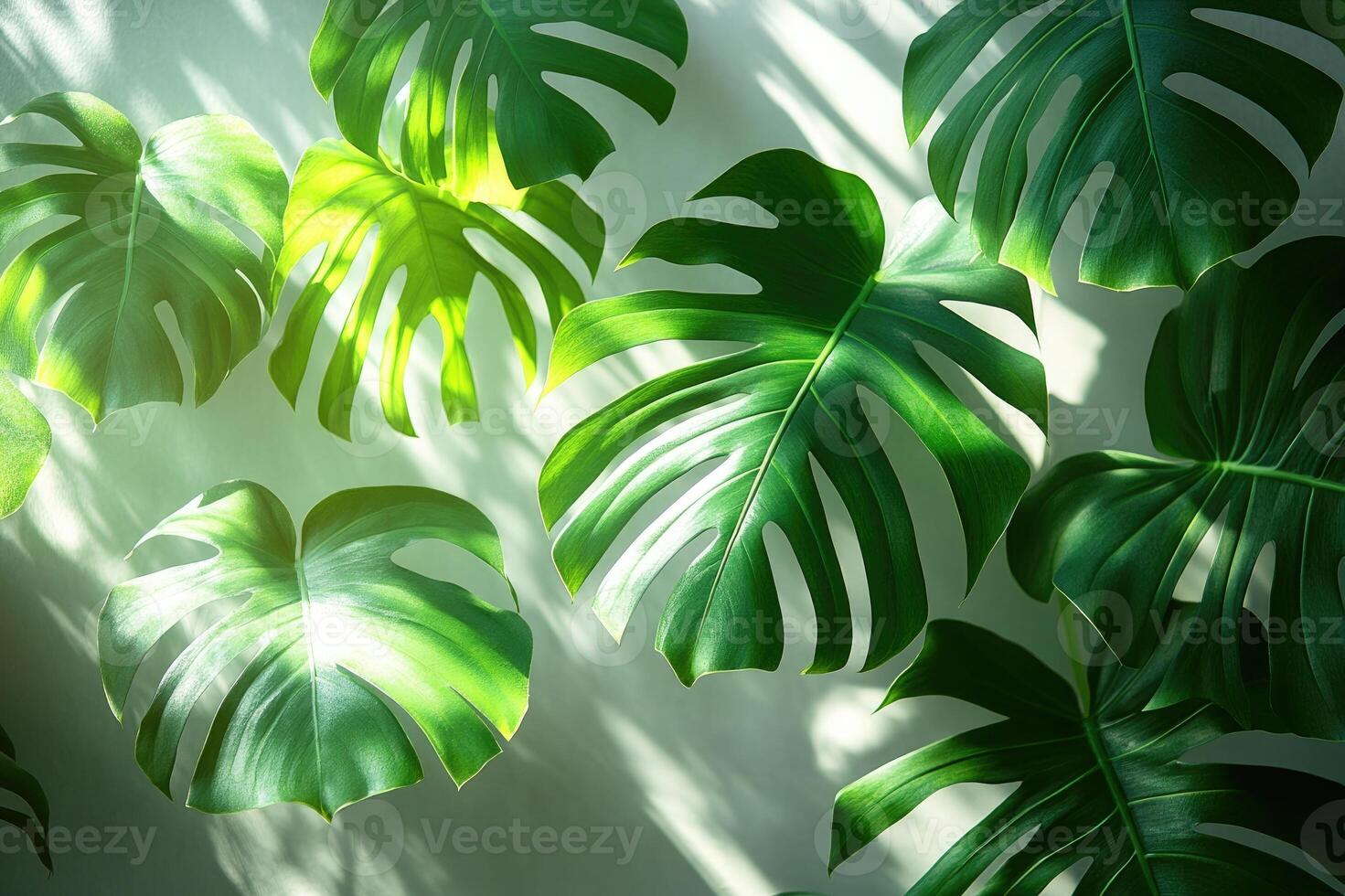 Vibrant green monstera leaves creating tropical pattern on white background photo