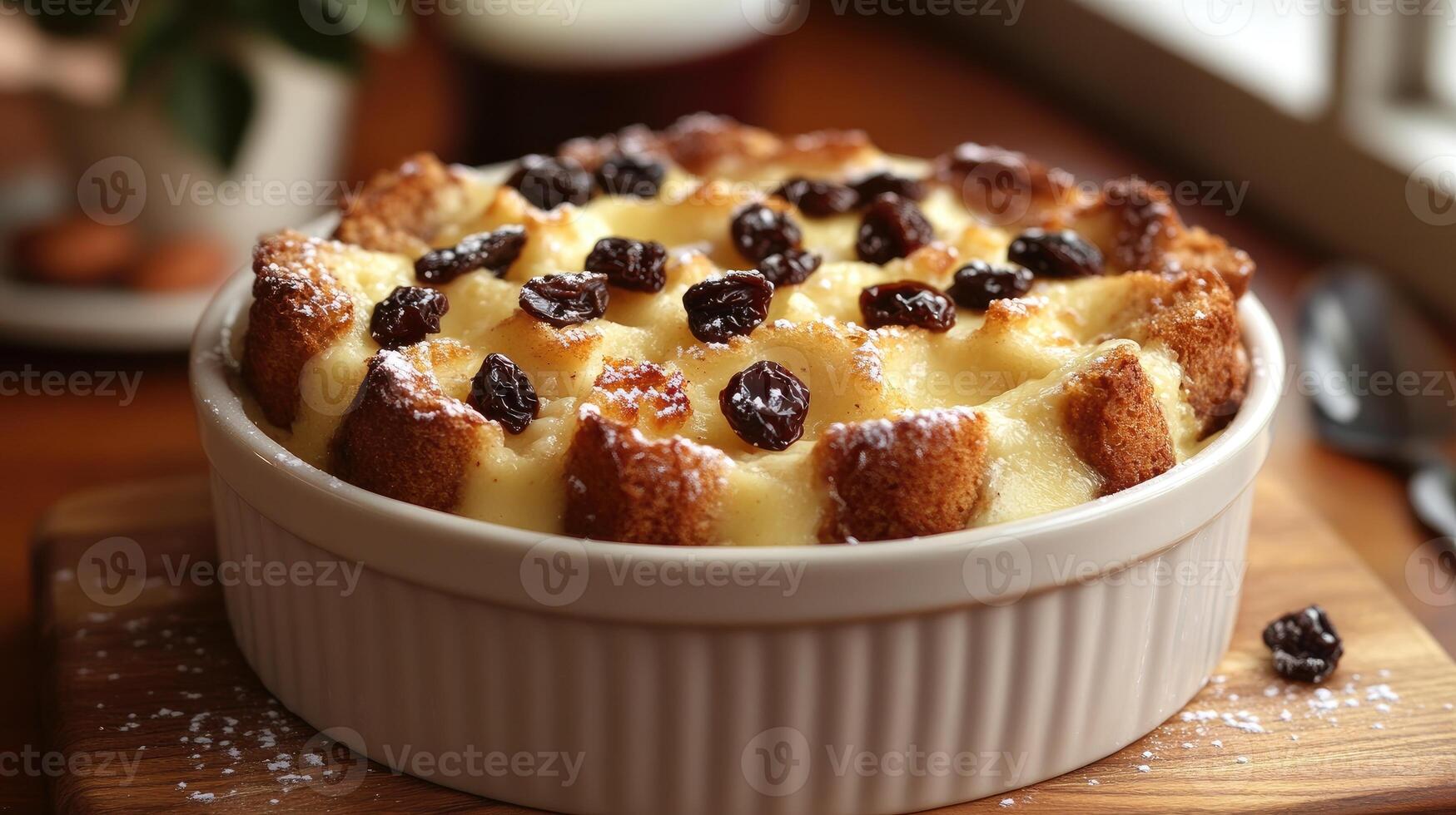 Delicious bread pudding with raisins and icing sugar in a white ramekin photo