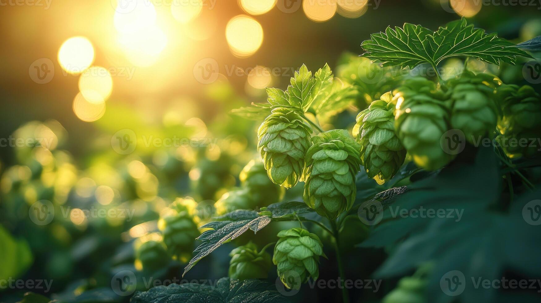 Common hop growing in a field at sunset illuminating the cones photo