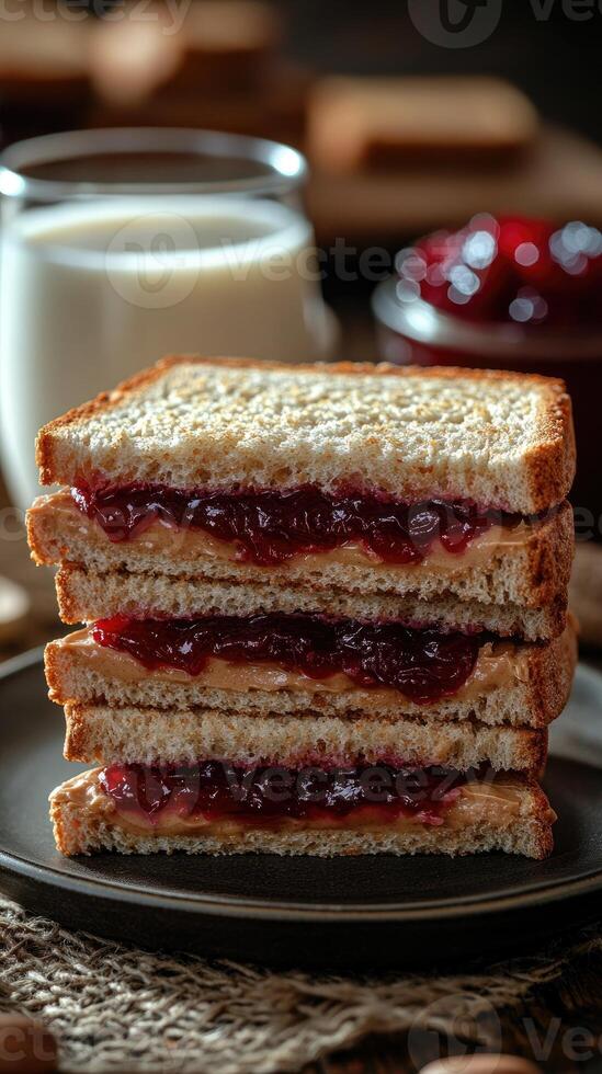 Stack of toasted sandwiches with peanut butter and jelly filling photo