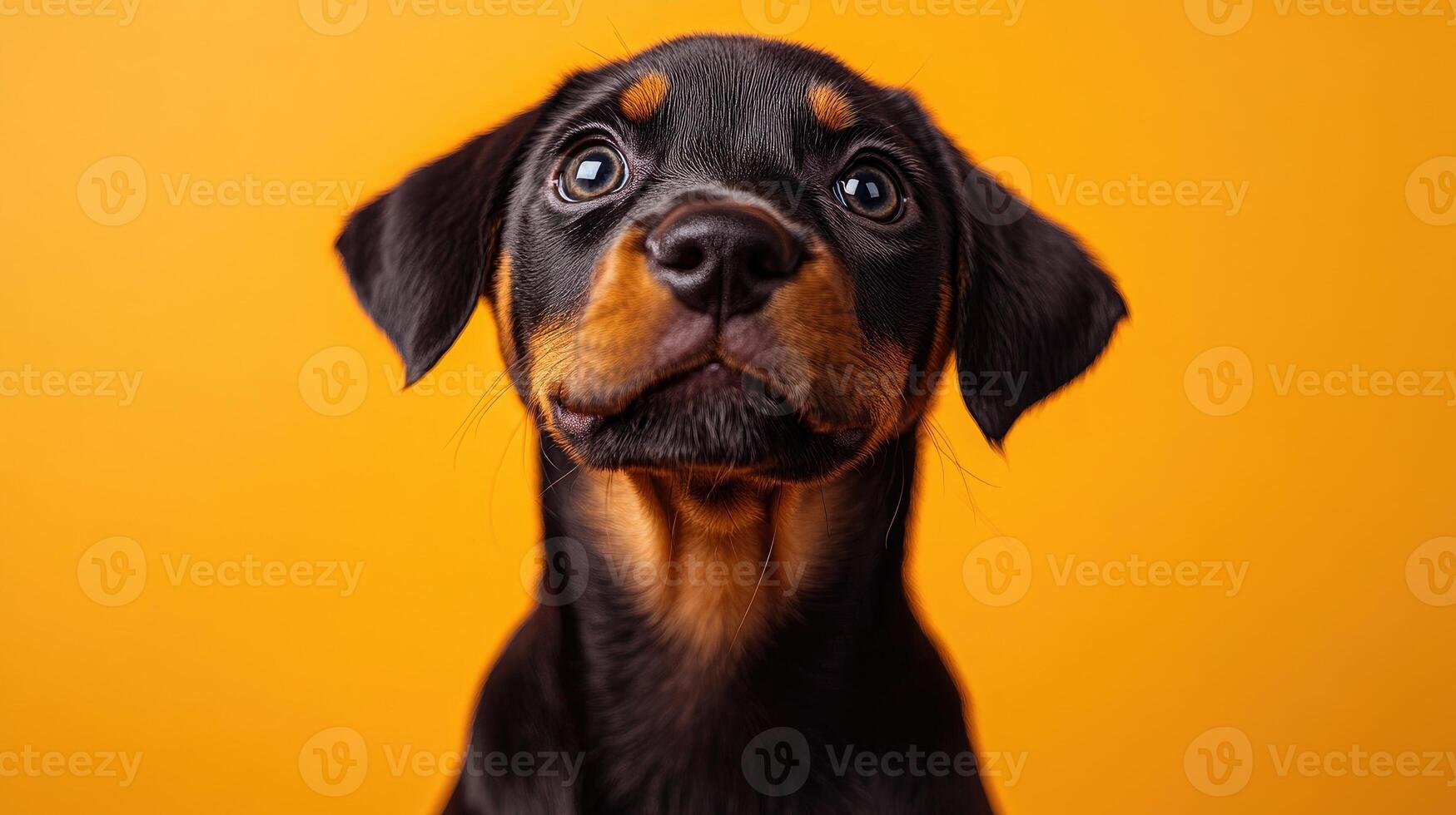 Beautiful doberman dog posing on yellow background photo
