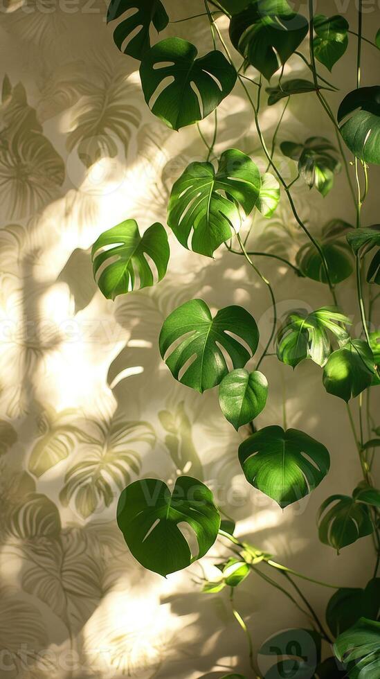 Monstera deliciosa plant casting shadows on a wall with a tropical pattern photo