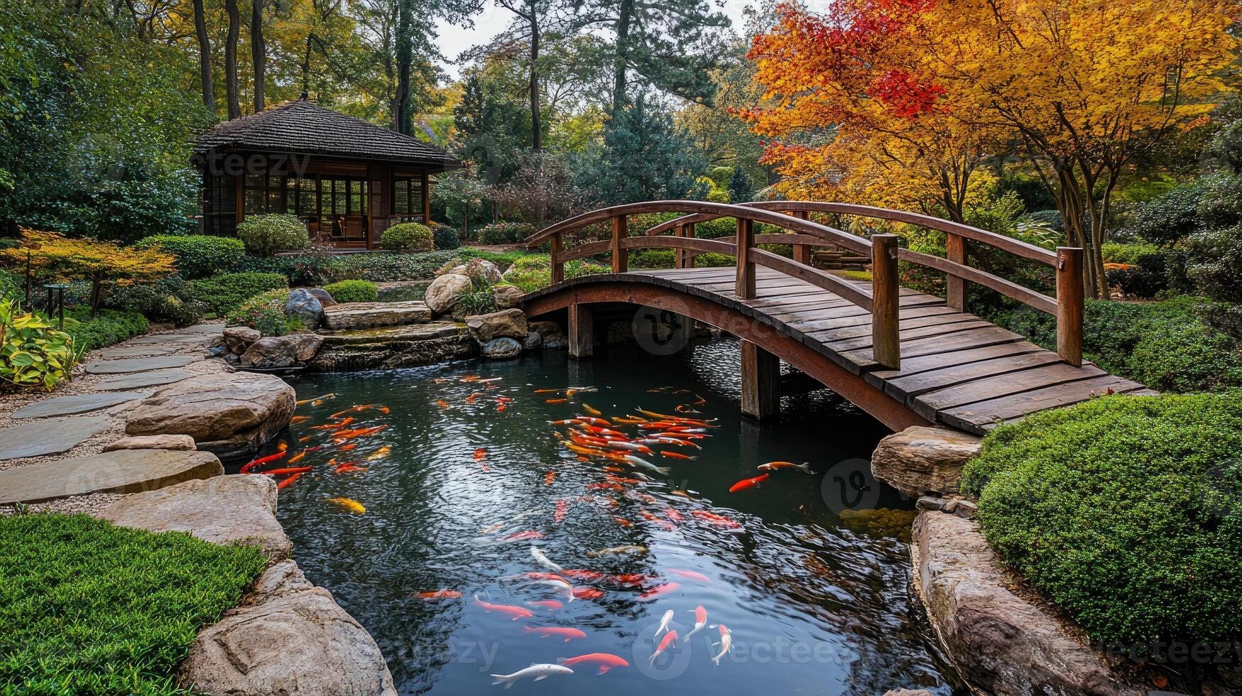 Koi fish swimming under wooden bridge in lush japanese garden photo