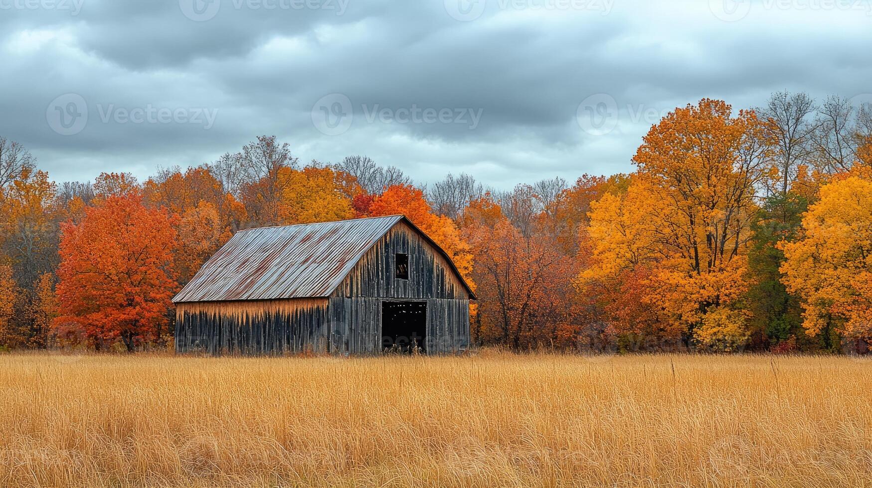 Old barn standing in a field surrounded by autumn colors photo