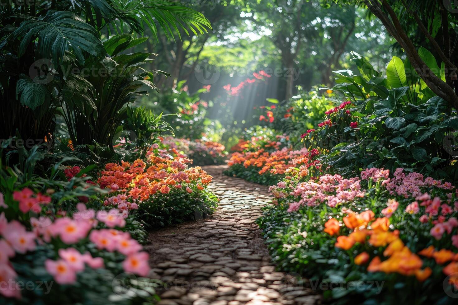 Cobblestone path winding through a lush garden bathed in sunlight photo