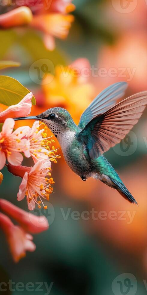 Hummingbird hovering near orange flower feeding on nectar with blurred background photo