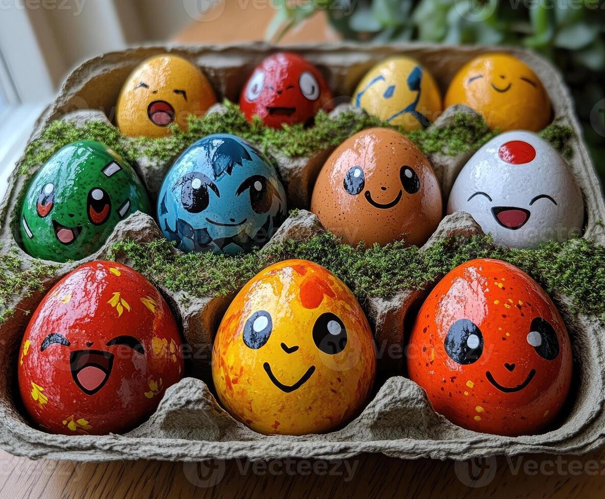 Colorful pokemon easter eggs resting in carton on bed of green moss photo
