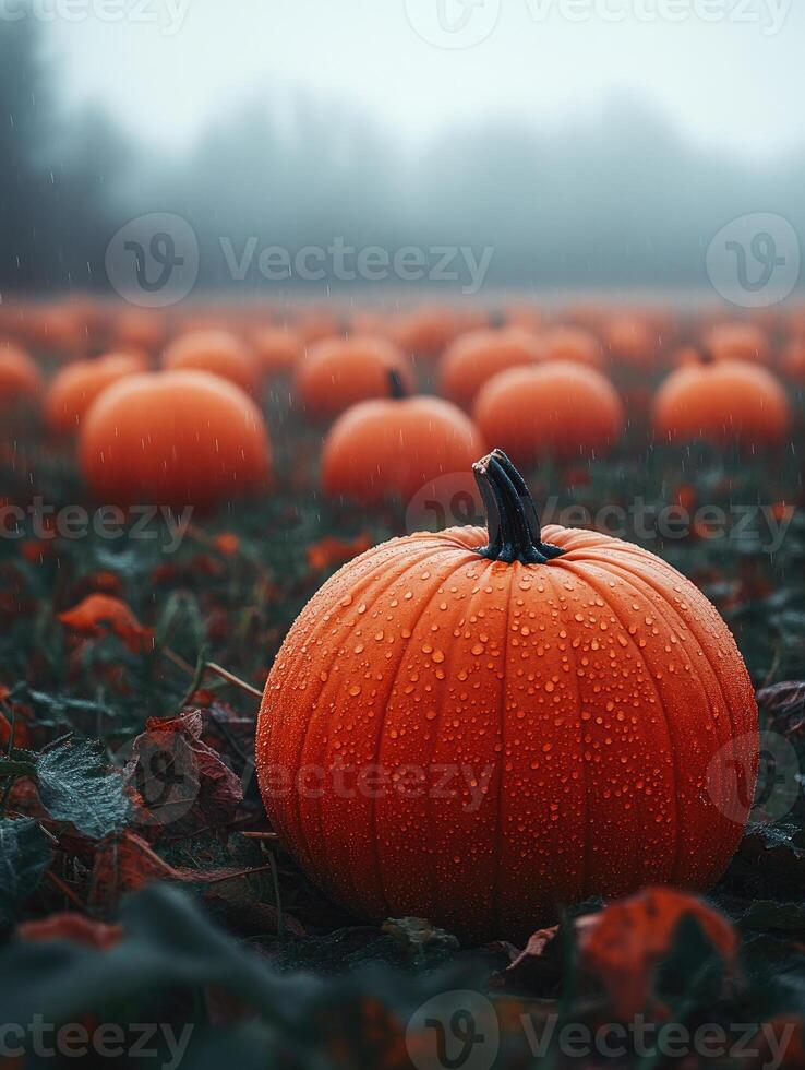 Single orange pumpkin covered with water droplets growing in a pumpkin patch photo