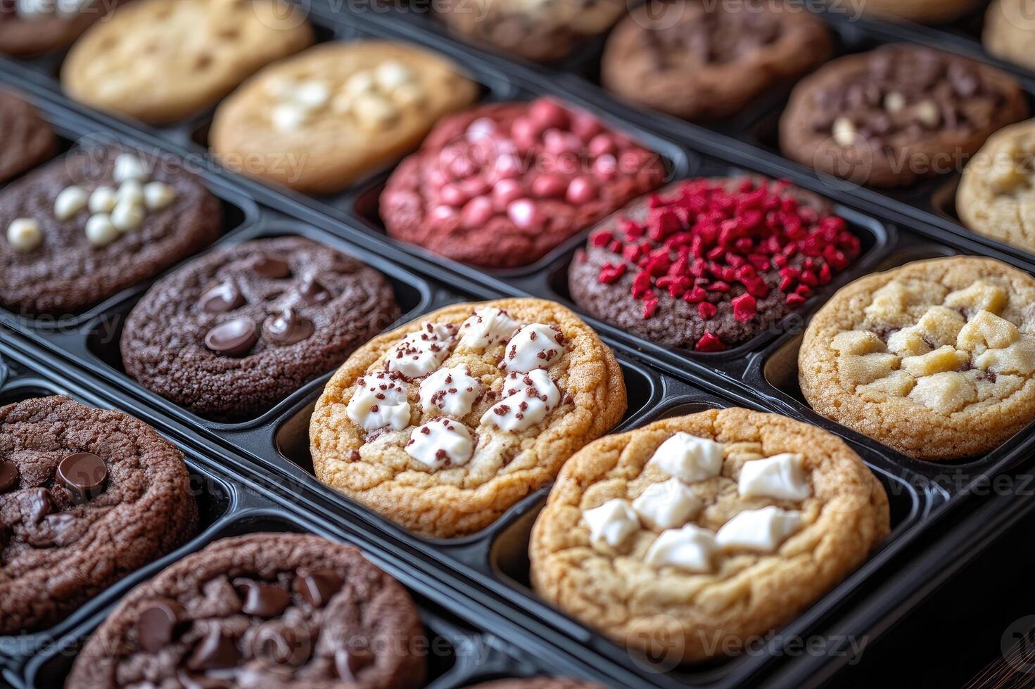 Delicious freshly baked cookies with various toppings in a box photo