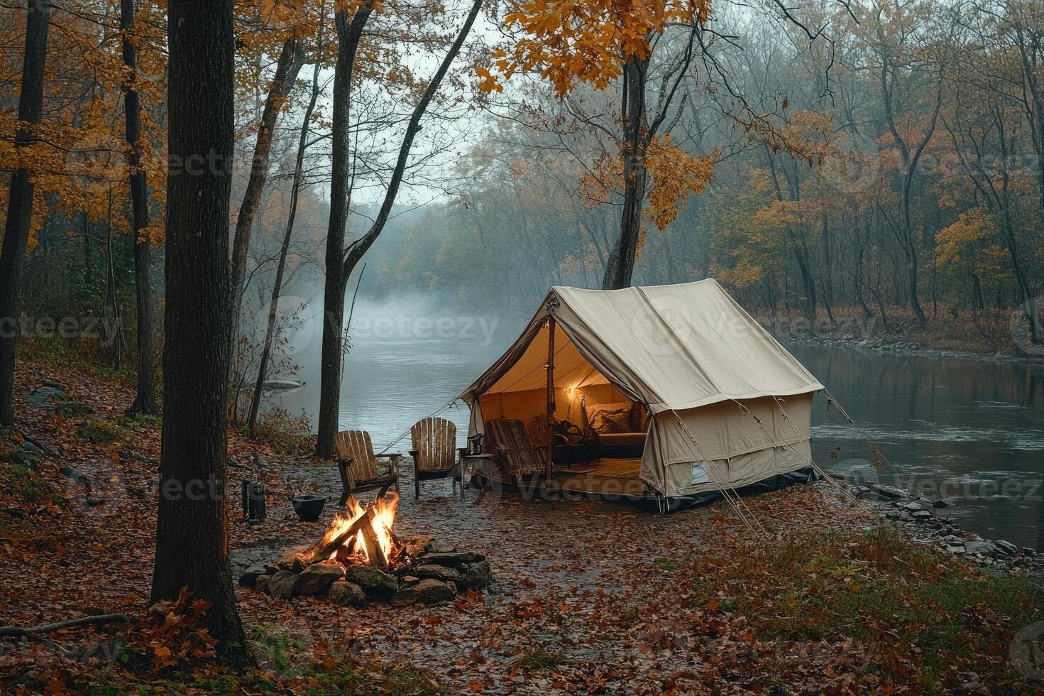 Camping tent standing on the shore of a misty lake in autumn forest at sunset photo
