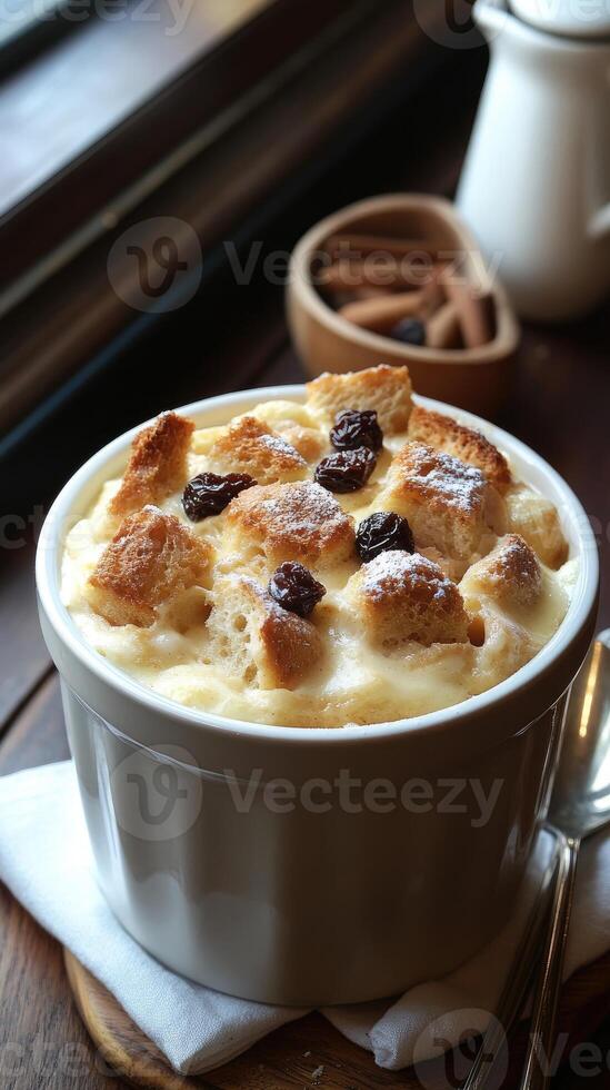 Bread pudding dessert with raisins and cinnamon being sprinkled with powdered sugar photo