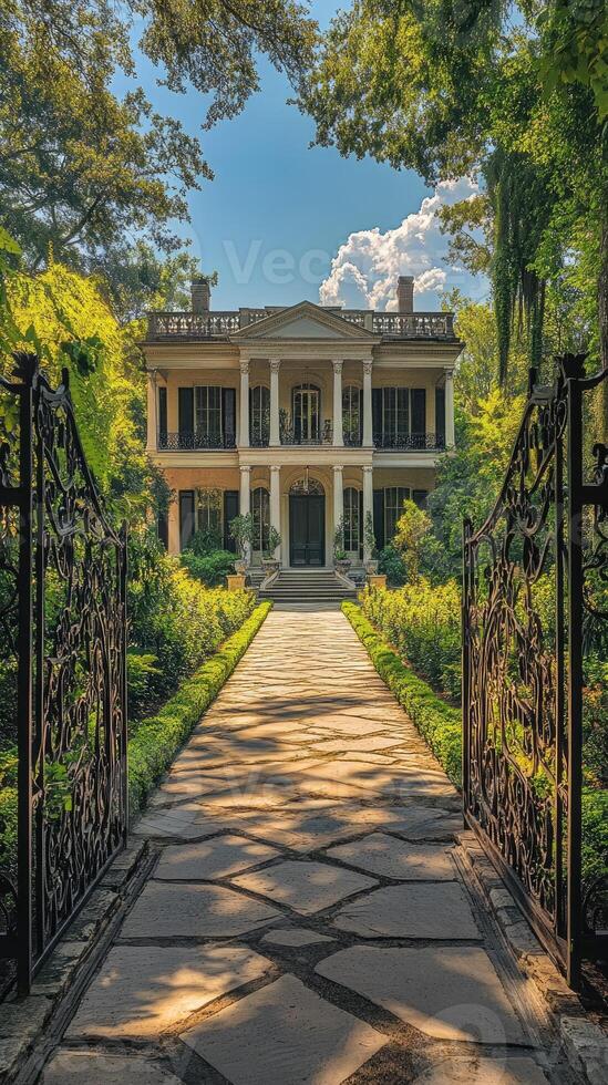 Ornate iron gate opening to brick pathway leading to beautiful old house photo