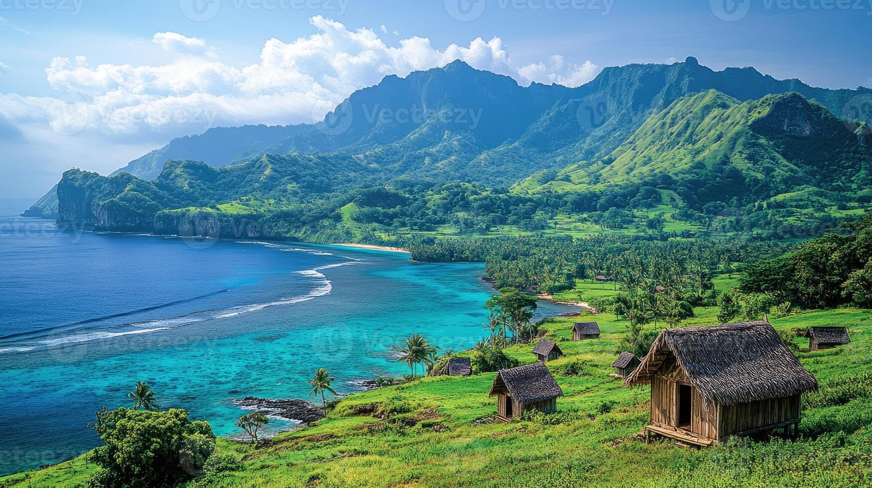 Small wooden hut overlooking tranquil blue lagoon in tropical paradise photo