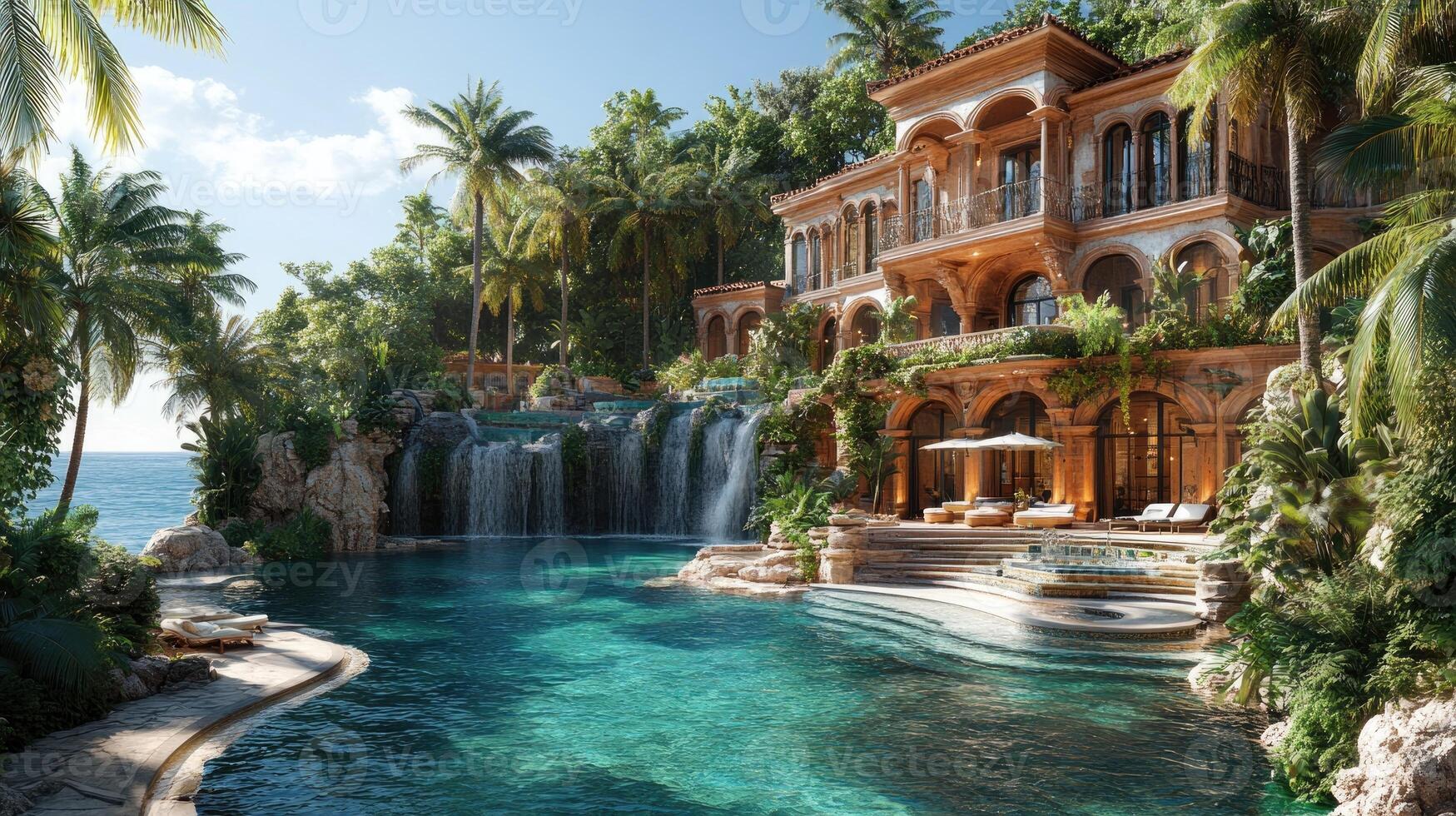 Luxurious villa overlooking the ocean with private waterfall and infinity pool photo