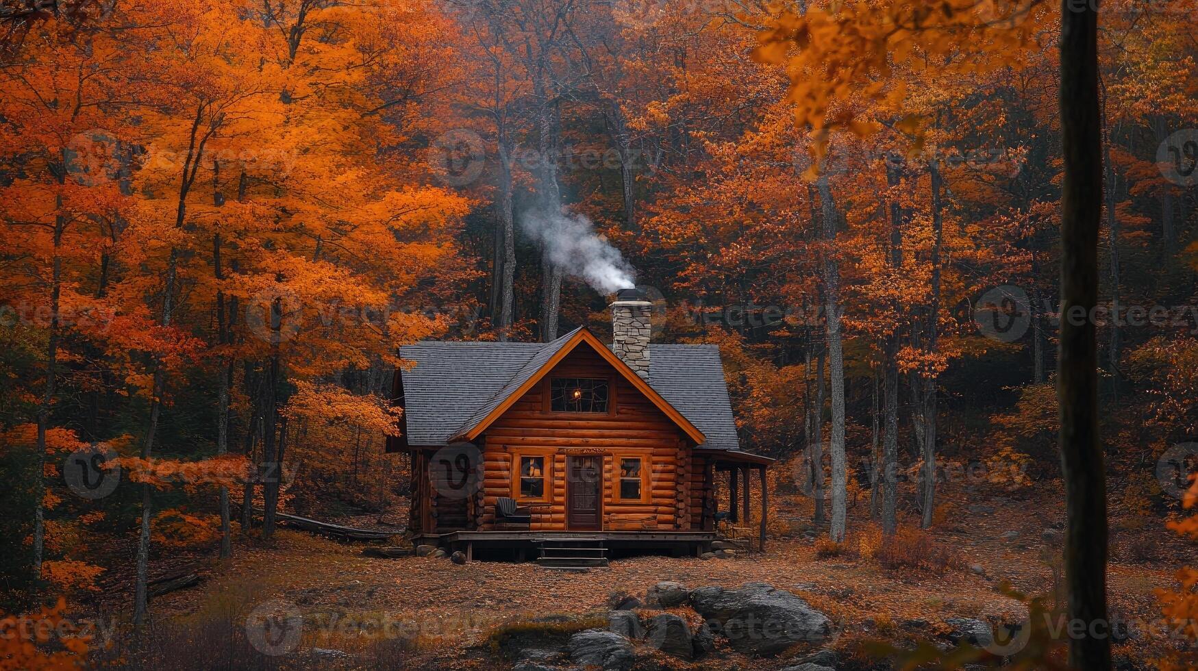 Cozy log cabin with smoke rising from chimney surrounded by fall foliage photo