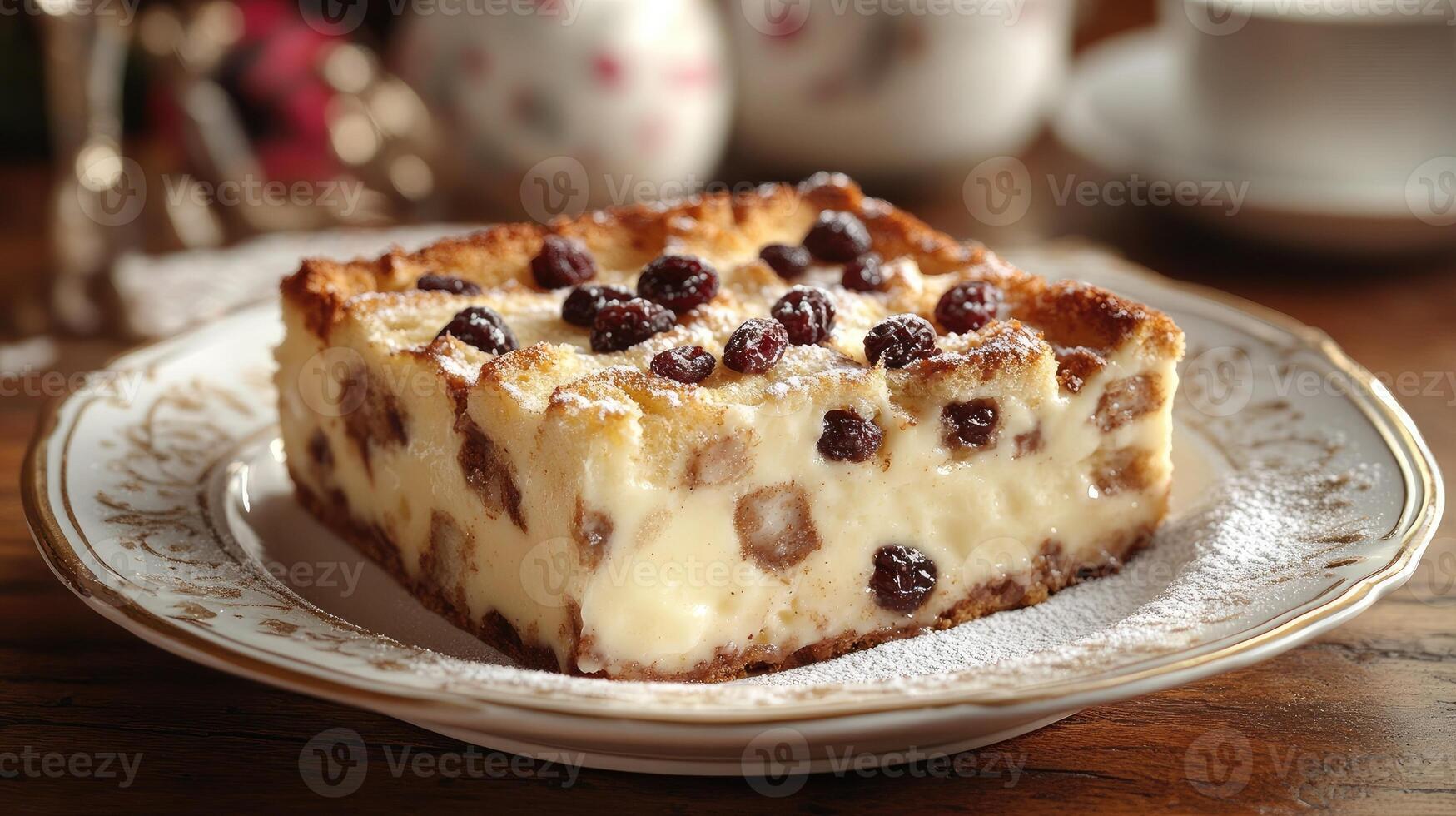 Delicious bread pudding with raisins resting on a plate photo