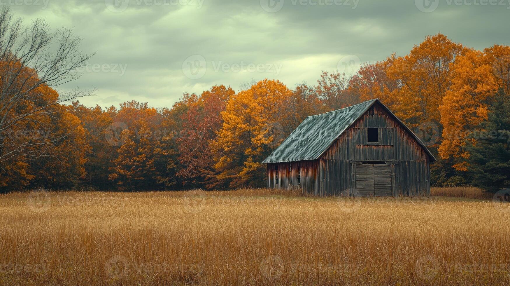 Old barn standing in a field surrounded by autumn colors photo
