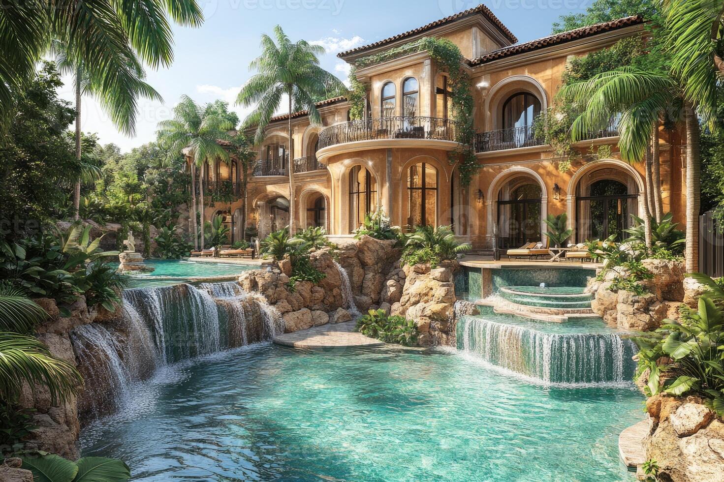 Luxury villa with infinity pool overlooking tropical jungle and waterfall photo