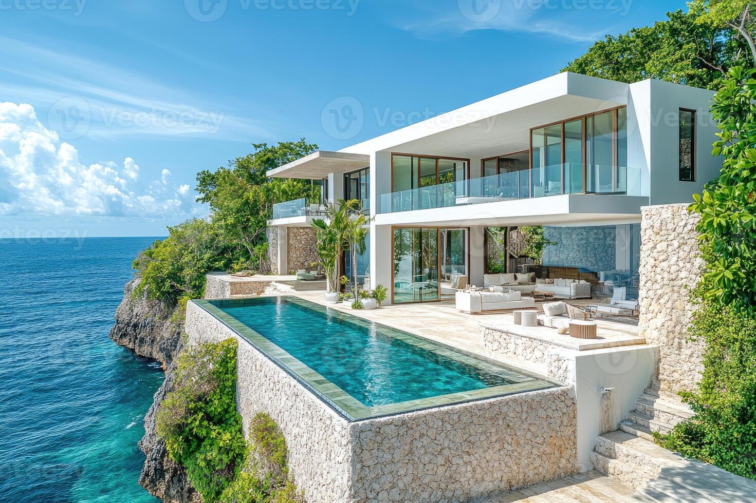 Modern luxury villa overlooking ocean with infinity pool on cliffside photo