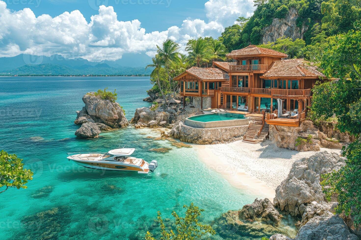 Luxurious wooden villa overlooking turquoise ocean waters in tropical paradise photo
