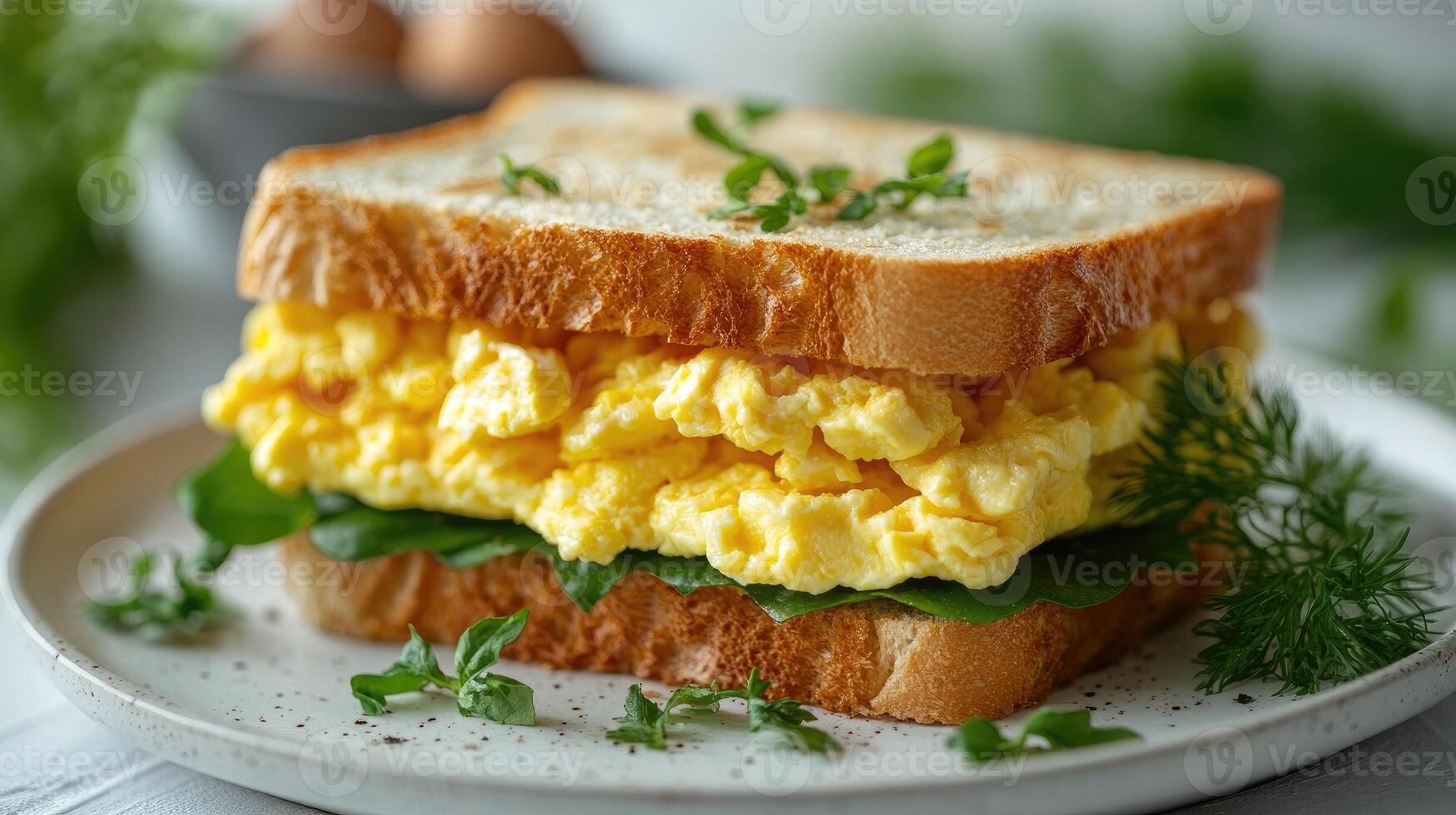 Delicious egg sandwich on toasted bread with parsley garnish photo