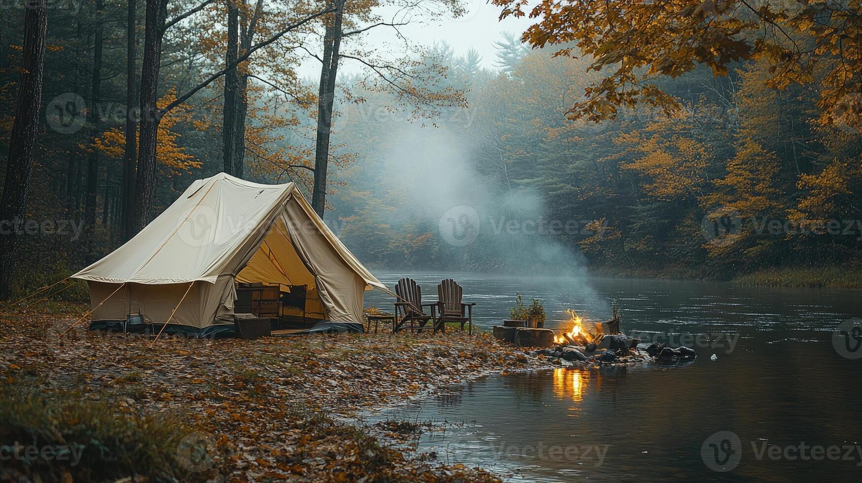 Camping tent standing on the shore of a misty lake in autumn forest at sunset photo