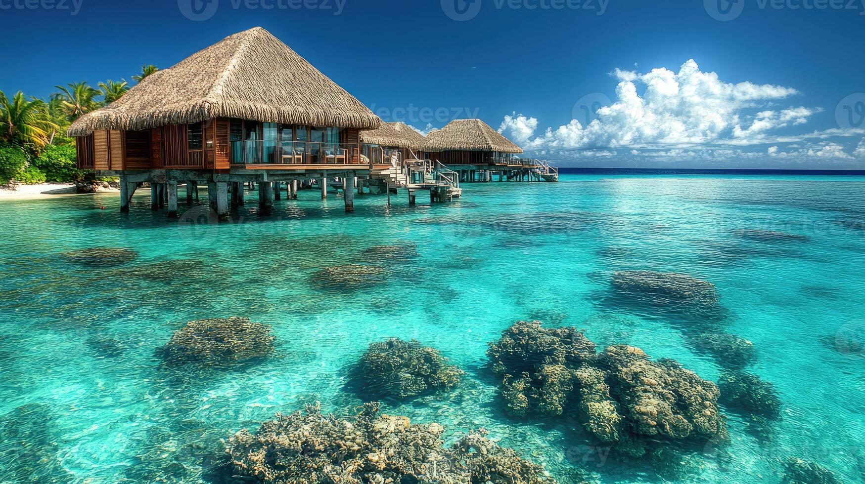 Luxurious bungalow resort standing on turquoise water in tropical paradise photo