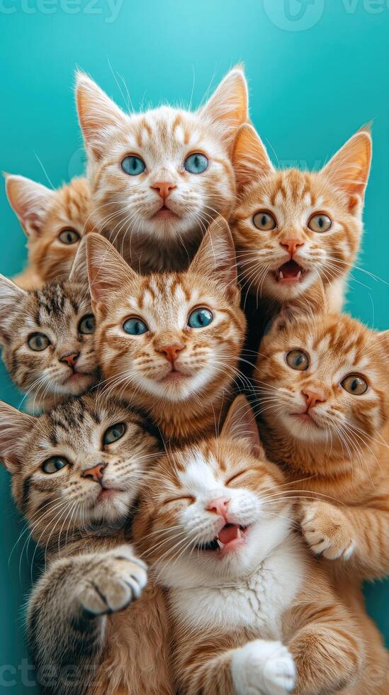 Many curious cats posing on turquoise sofa photo