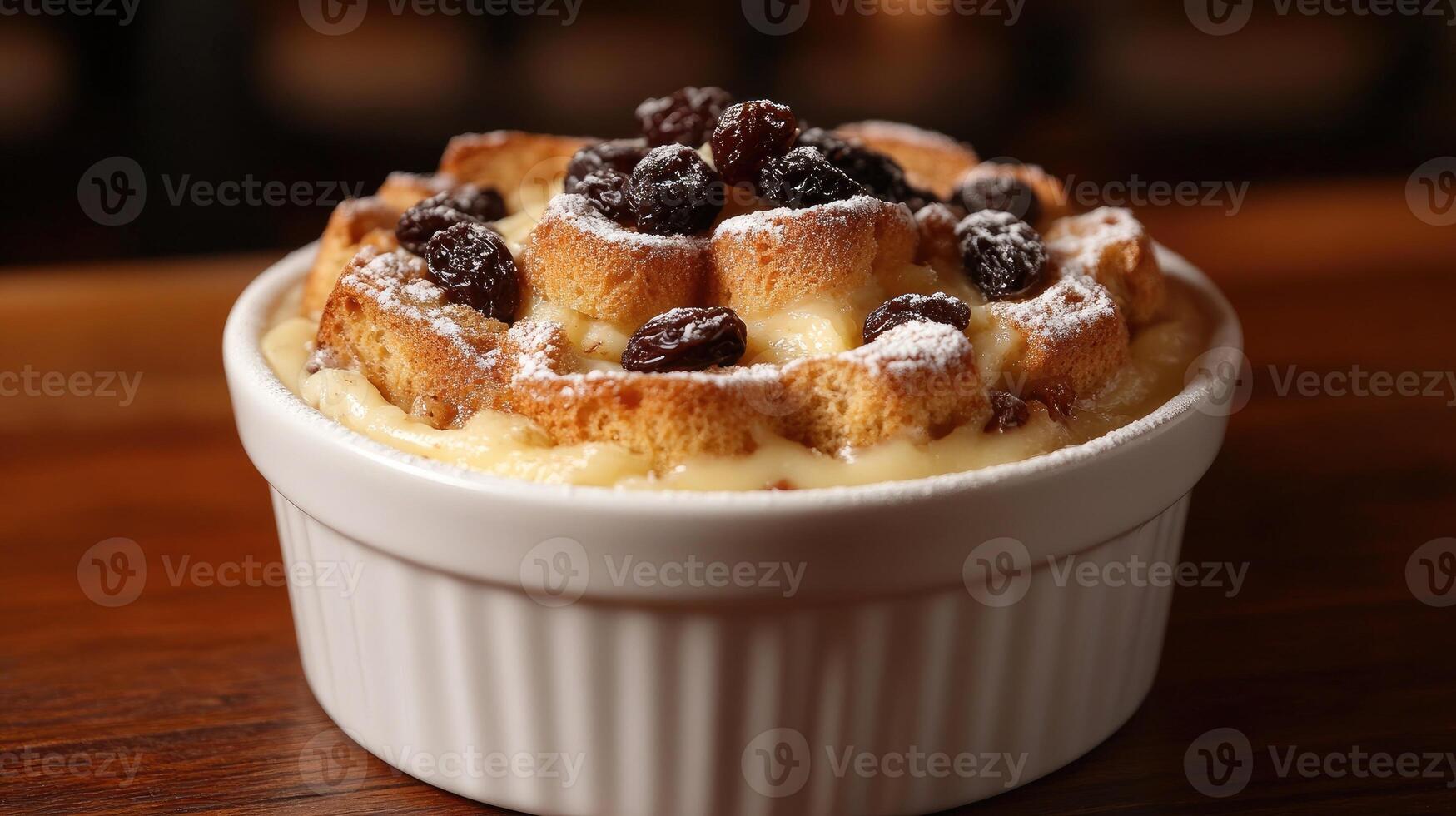 Delicious bread pudding with raisins and icing sugar in a white ramekin photo