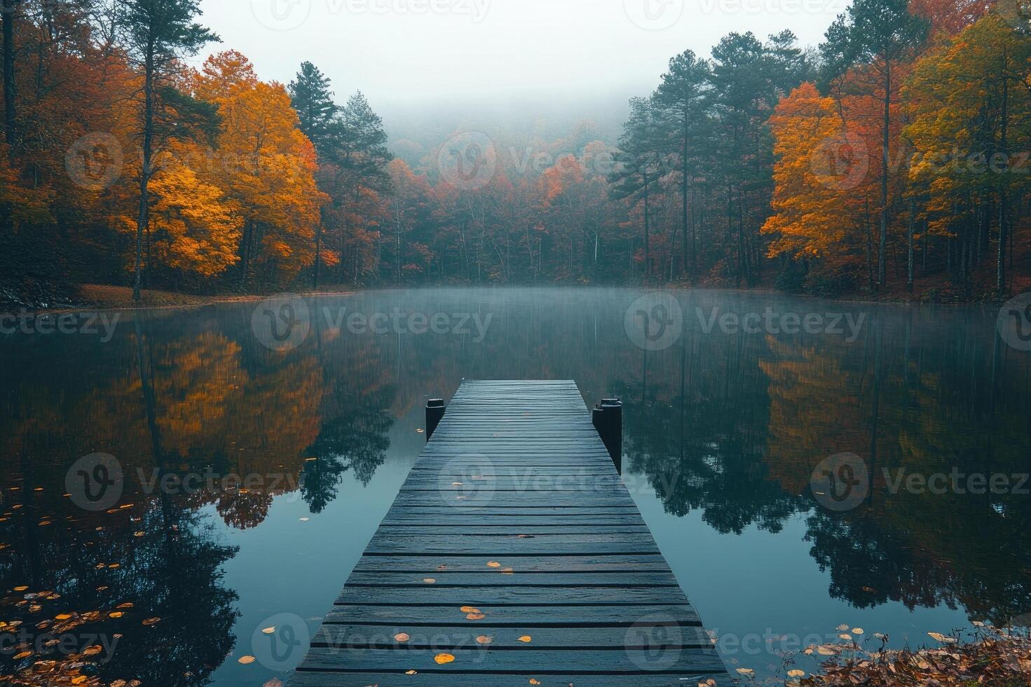 Wooden dock stretching into misty lake on foggy autumn morning photo