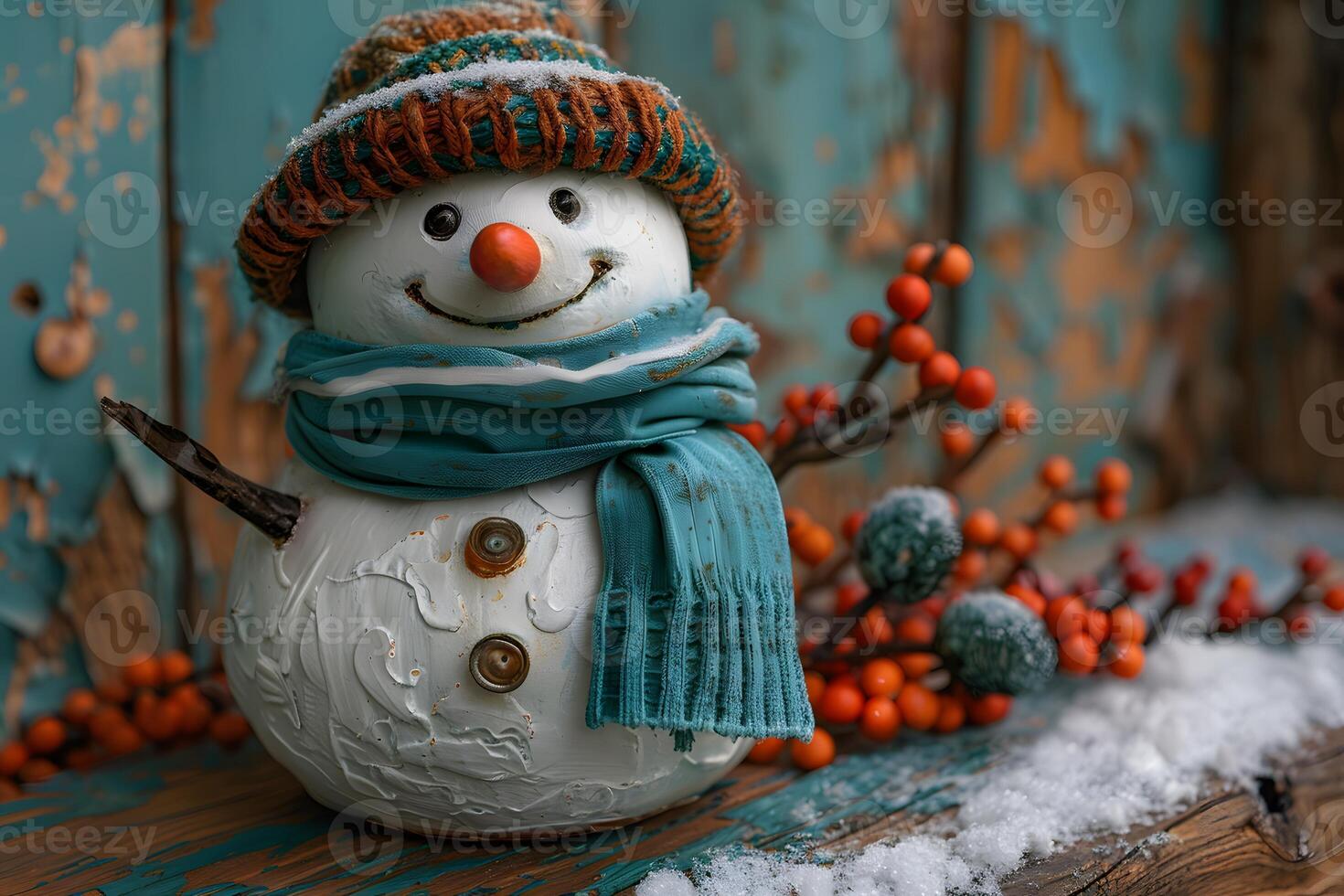 Festive Winter Snowman with Hat and Scarf Surrounded by Snow and Berries - Perfect for Holiday Cards and Seasonal Decor photo