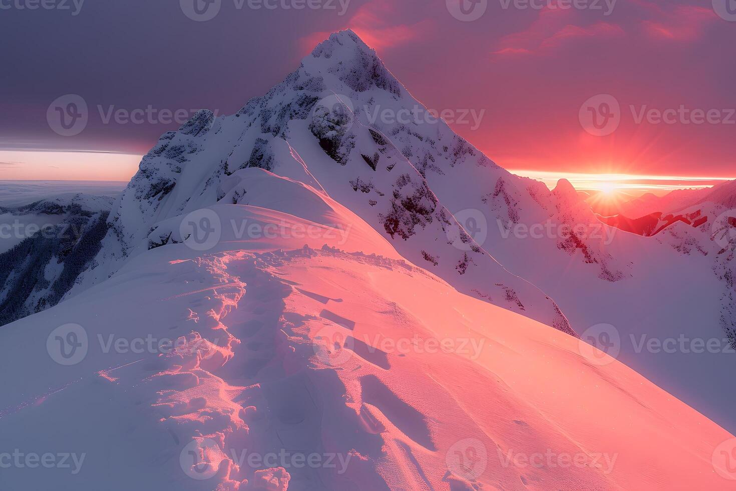 Sunset Over Snowy Mountain Peak - Winter Landscape for Nature Photography, Travel Posters, and Prints photo