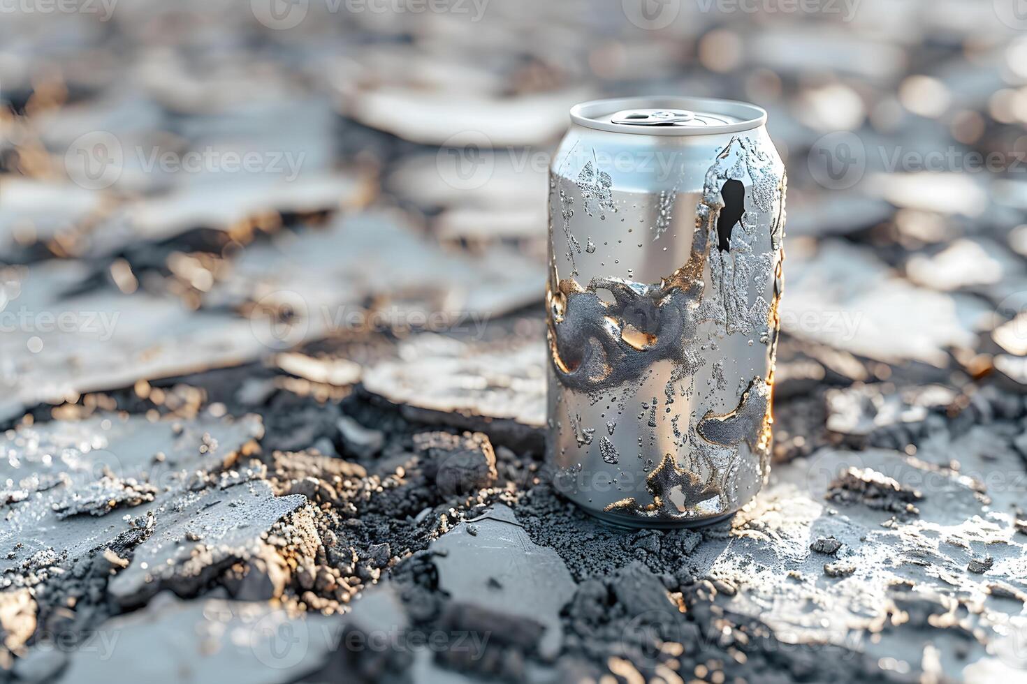Environmental Awareness Rusty Aluminum Can on Cracked Earth - Pollution and Recycling Concept photo
