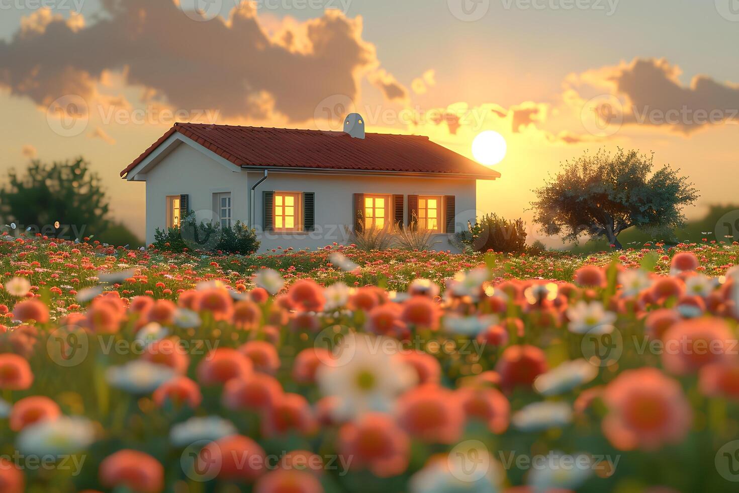 Idyllic Cottage at Sunset with Blooming Meadow - Tranquil Spring Landscape for Poster or Card Design photo