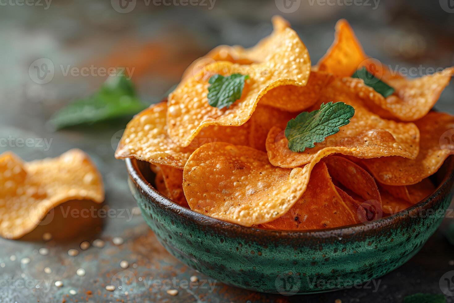 Crispy Papad Snacks with Fresh Mint in a Rustic Bowl - Perfect for Food Blogs or Culinary Designs photo